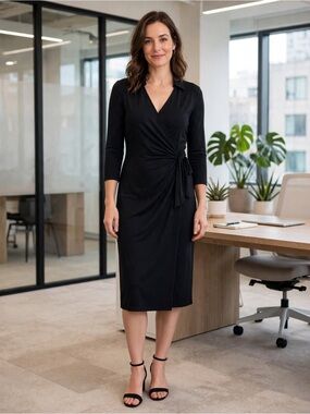 Talbots Black Wrap Dress M Faux Wrap Collared Side Knot V-Neck 3/4 Sleeve